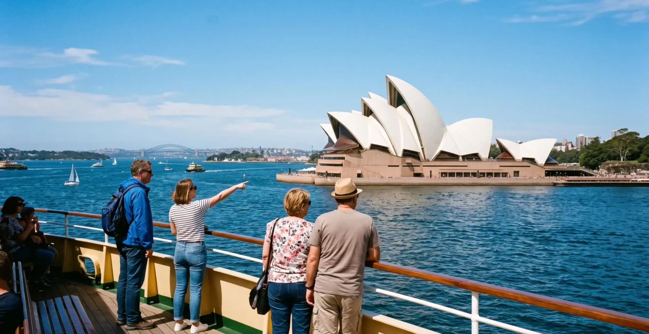 L'Opéra de Sydney vu depuis un ferry traversant la baie, avec des passagers admirant l'architecture en voiles blanches