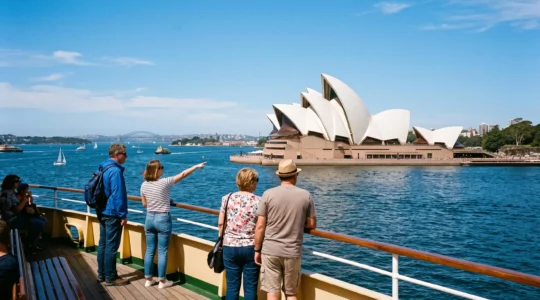 L'Opéra de Sydney vu depuis un ferry traversant la baie, avec des passagers admirant l'architecture en voiles blanches