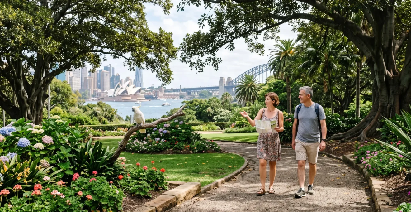 Allée du Royal Botanic Garden de Sydney avec des visiteurs en promenade et la skyline visible à travers les arbres