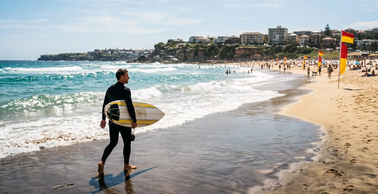 Surfeur portant sa planche sur le sable de la plage de Bondi à Sydney, avec la baie et les vagues en arrière-plan